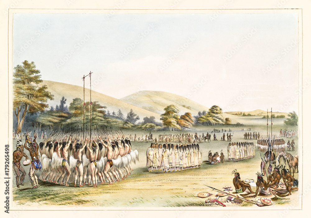 Fototapeta premium Native indian people doing the ritual of Ball-play dance on a vast grassland. Old watercolor illustration by G. Catlin, Catlin's North American Indian Portfolio, Ackerman, New York, 1845