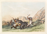 Native indian hunters kills a grizzly bear on a grassland close to some rocks. Old watercolor illustration by G. Catlin, Catlin's North American Indian Portfolio, Ackerman, New York, 1845