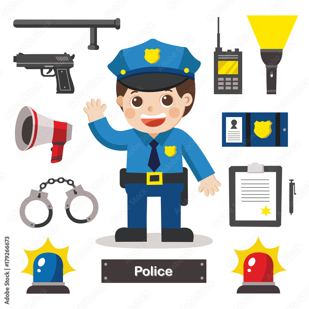 Set of characters of Police officer with police professional equipments. Police Icon. Set of characters of Police officer with police professional equipments. Police Icon.
