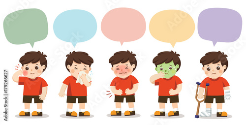 Set of A boy get sick with speech frame isolated on white background. Vector illustration