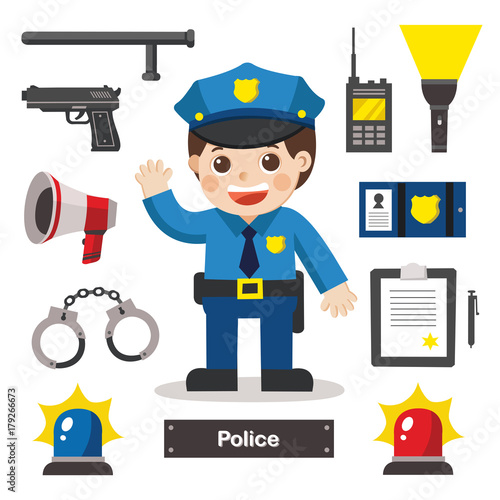 Set of characters of Police officer with police professional equipments. Police Icon.