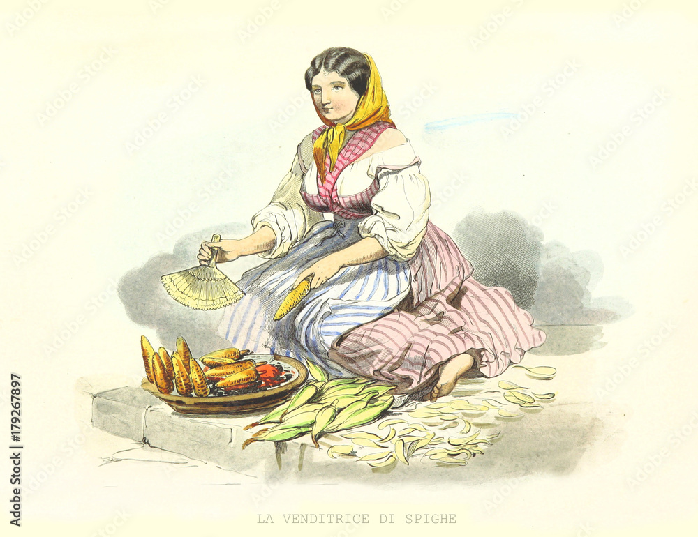 Naklejka premium Poor woman selling corn cobs on street. Old illustration by F. Palizzi and Cucinotta, De Bourcard, Usi e Costumi di Napoli E Contorni Dipinti E Descritti, Ed. Nobile, Napoli, 1853-58.