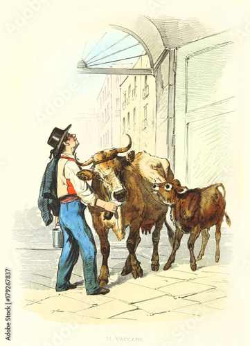 Ancient man bringing his cattle, cow and calf. Old illustration by F. Palizzi and Cucinotta, De Bourcard, Usi e Costumi di Napoli E Contorni Dipinti E Descritti, Ed. Nobile, Napoli, 1853-58. photo