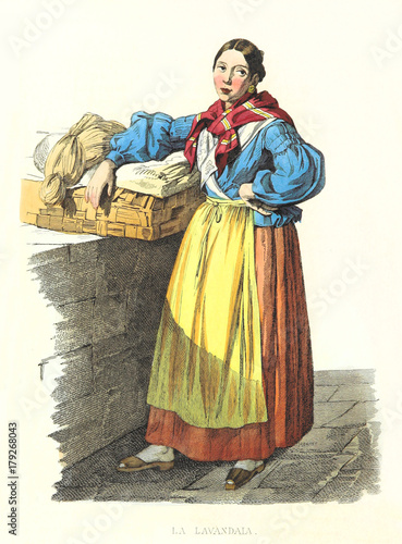 laundress posing with clothes in a basket posed on a little wall. By F. Palizzi and Martorana, Usi e Costumi di Napoli e contorni dipinti e descritti, Nobile, Napoli, 1853-58