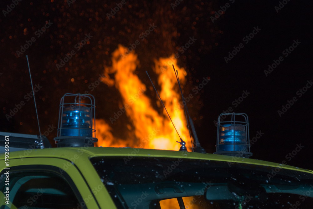 Detail of Flashing Blue Siren Light on Roof of Emergency Vehicle Stock