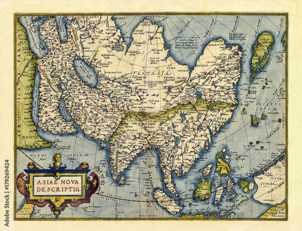 Obraz premium Old map of Asia. Excellent state of preservation realized in ancient style. All the graphic composition inside a frame. By Ortelius, Theatrum Orbis Terrarum, Antwerp, 1570