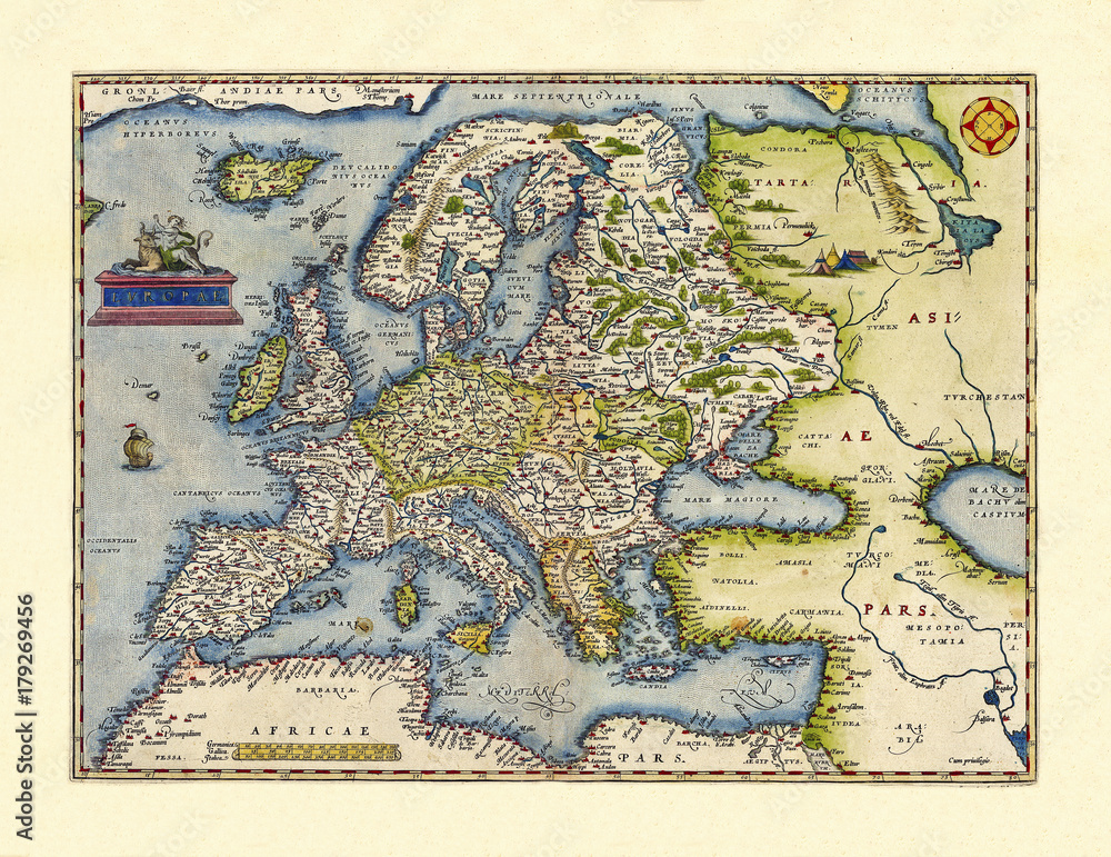 Obraz premium Old map of Europa. Excellent state of preservation realized in ancient style. All the graphic composition inside a frame. By Ortelius, Theatrum Orbis Terrarum, Antwerp, 1570