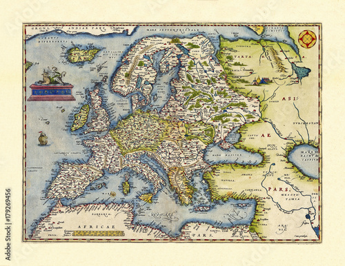 Old map of Europa. Excellent state of preservation realized in ancient style. All the graphic composition inside a frame. By Ortelius, Theatrum Orbis Terrarum, Antwerp, 1570