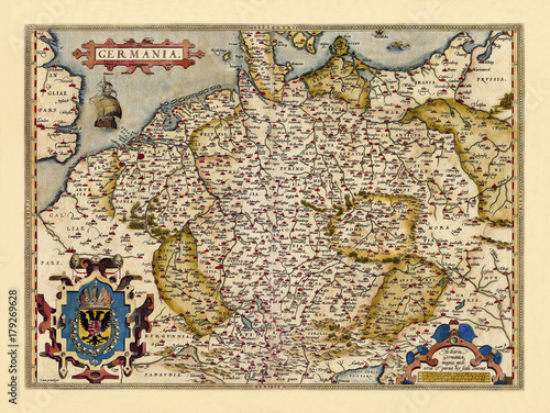 Old map of Germany. Excellent state of preservation realized in ancient style. All the graphic composition is inside a frame. By Ortelius, Theatrum Orbis Terrarum, Antwerp, 1570