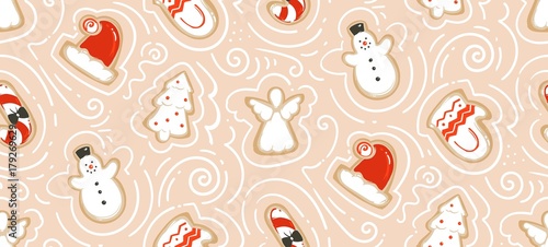 Hand drawn vector abstract fun Merry Christmas time cartoon illustration seamless pattern with baked gingerbreads cookies isolated on craft paper background