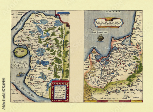 Old maps of Schleswig-Holstein and Prussia. Excellent state of preservation realized in ancient style. Side by side graphic composition. By Ortelius, Theatrum Orbis Terrarum, Antwerp, 1570