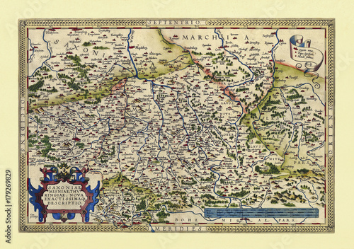 Old map of Thuringia and Saxony. Excellent state of preservation realized in ancient style. All the graphic composition is inside a frame. By Ortelius, Theatrum Orbis Terrarum, Antwerp, 1570