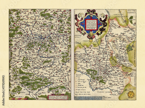Old maps of Westphalia and Bavaria. Excellent state of preservation realized in ancient style. Side by side graphic composition. By Ortelius, Theatrum Orbis Terrarum, Antwerp, 1570