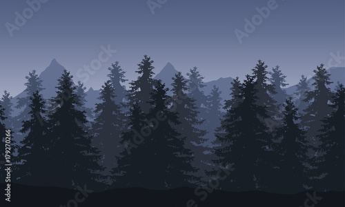 Vector illustration of a landscape with forest and mountains in the background under a gray sky © Forgem