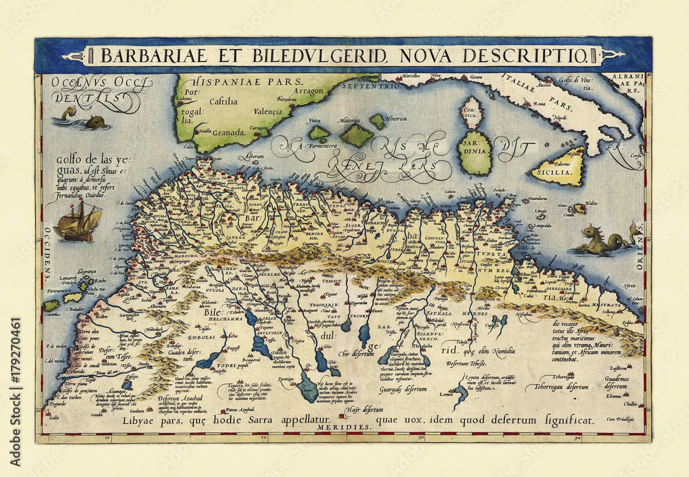 Obraz premium Old map of North Africa. Excellent state of preservation realized in ancient style. All the graphic composition is inside a frame. By Ortelius, Theatrum Orbis Terrarum, Antwerp, 1570