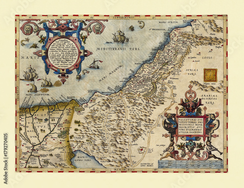 Old map of Palestina. Excellent state of preservation realized in ancient style. All the graphic composition is inside a frame. By Ortelius, Theatrum Orbis Terrarum, Antwerp, 1570