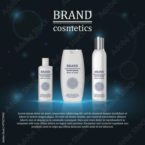 3D realistic cosmetic bottle ads template. Cosmetic brand advertising concept design with glitters and bokeh background
