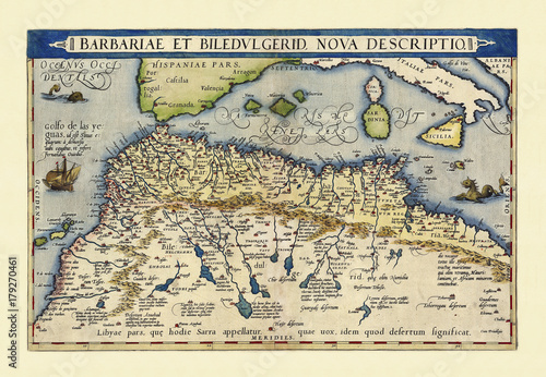 Old map of North Africa. Excellent state of preservation realized in ancient style. All the graphic composition is inside a frame. By Ortelius, Theatrum Orbis Terrarum, Antwerp, 1570 photo