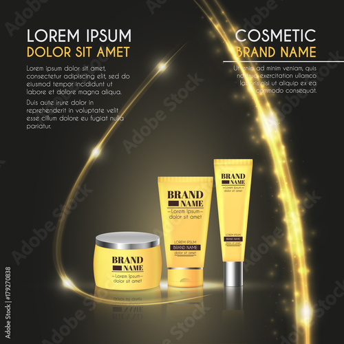 3D realistic cosmetic bottle ads template. Cosmetic brand advertising concept design with glowing sparkles and glitters abstract background