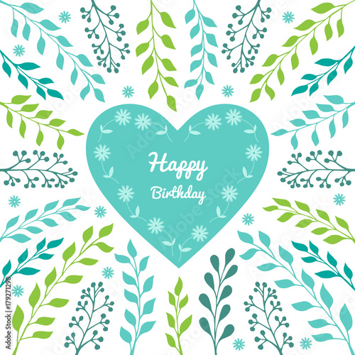 Vector greeting card with Happy Birthday words and floral elements and heart in minty green colors.