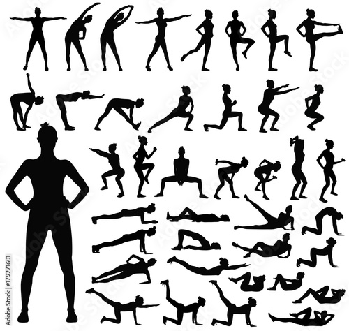 Big set of black silhouettes of woman doing fitness workout.