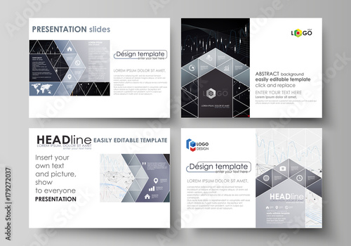 Business templates for presentation slides. Vector layouts. Abstract infographic background in minimalist design made from lines, symbols, charts, diagrams and other elements.