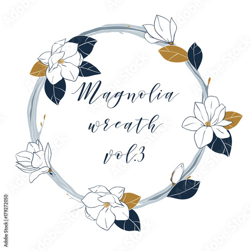 Vector magnolia wreath in deep blue and bronze colors. Hand draw illustartion with magnolia flowers,buds and leaves.Template for your design.