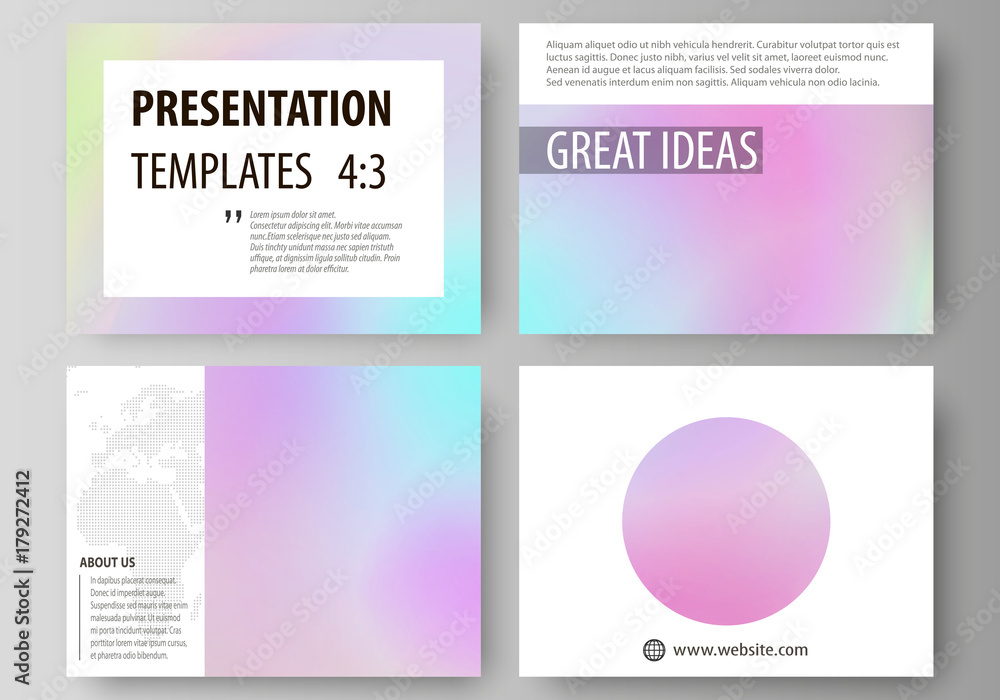 Business templates for presentation slides. Abstract vector layouts in flat design. Hologram, background in pastel colors with holographic effect. Blurred colorful pattern, futuristic surreal texture.