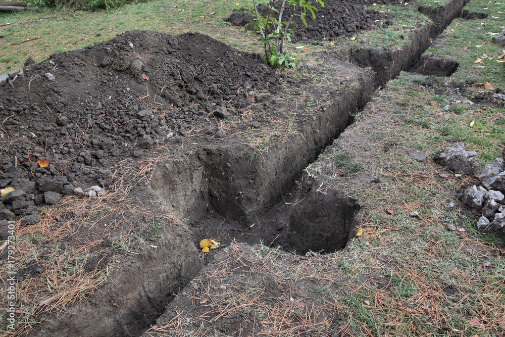 Trench for wall foundation at construction site, hole in a back yard Photos  | Adobe Stock