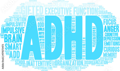 ADHD Word Cloud on a white background. 