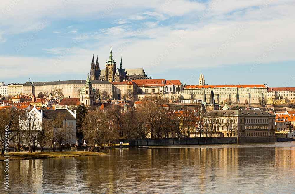 View of the Prague Castle saint vita, river Vltava small country. Prague Czech Republic February 2017