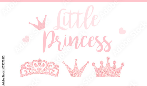 Pink text Little Princess on white background . Cute glitter texture. Gloss effect. Birthday party and girl baby shower decor.