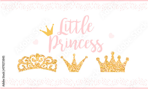 Pink text Little Princess on white background with lace. Cute gold glitter texture. Golden gloss effect. Birthday party and girl baby shower decor.