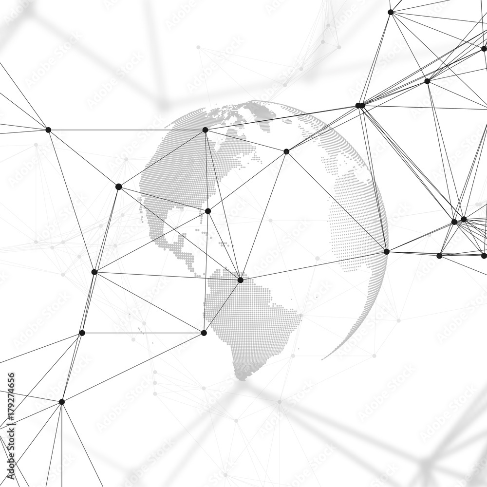 Abstract futuristic background with connecting lines and dots, polygonal linear texture. World globe on white. Global network connections, geometric design, dig data technology digital concept.