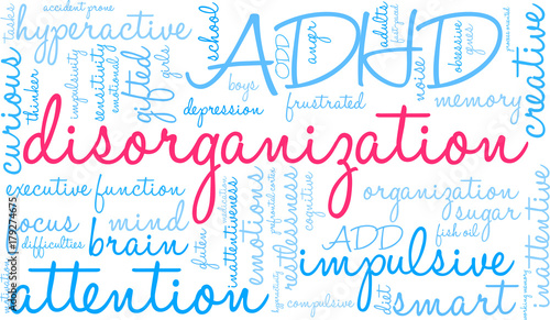 Disorganization ADHD Word Cloud on a white background. 