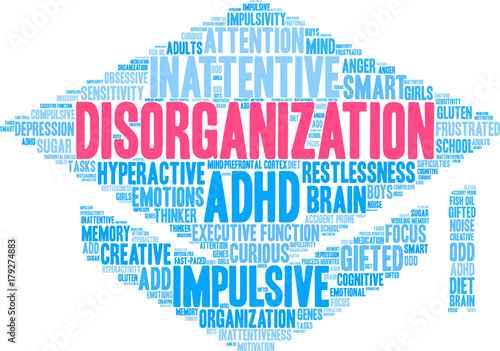 Disorganization ADHD Word Cloud on a white background. 
