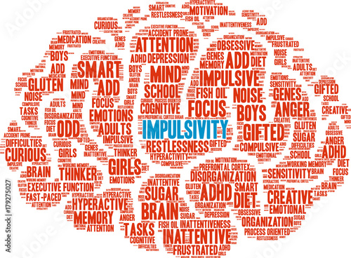 Impulsivity ADHD Brain Word Cloud on a white background. 
