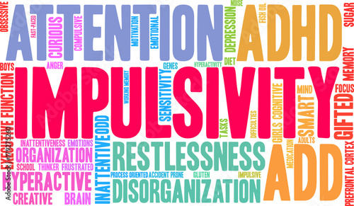 Impulsivity ADHD Word Cloud on a white background. 