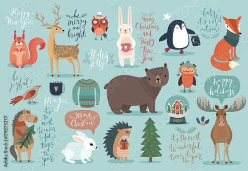 Christmas set, hand drawn style - calligraphy, animals and other elements.