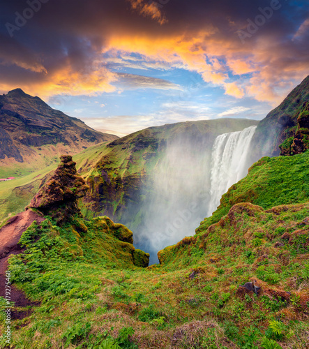 Picturesque morning view of Skogafoss Waterfall on Skoga river