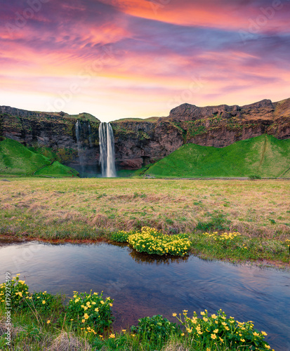 Incredible morning view of Seljalandfoss Waterfall on Seljalandsa river photo