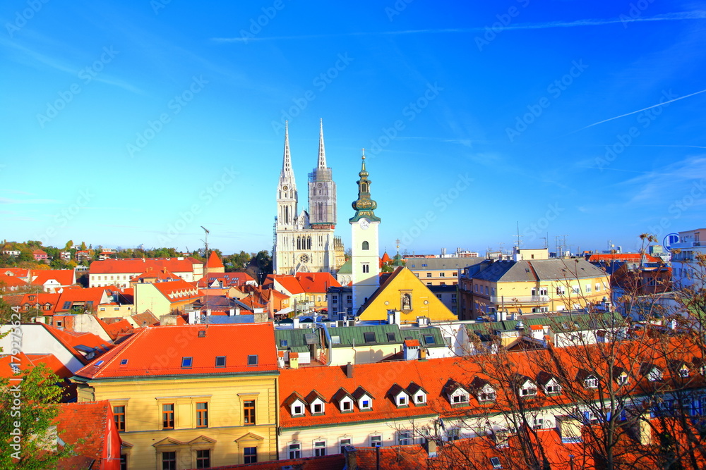 Fototapeta premium Zagreb, Croatia, view from Upper town to Cathedral