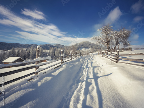 Bright winter view in Carpathian village.