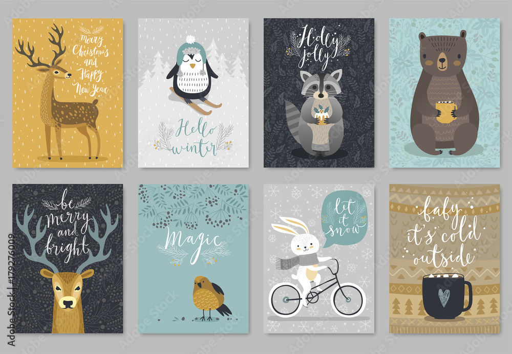 Christmas animals card set, hand drawn style..