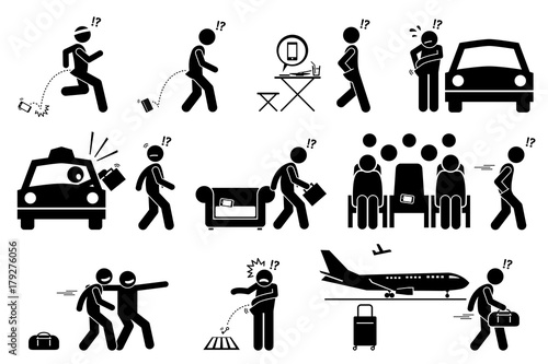 People dropping, forgetting, misplaced and losing their phone and belongings. Stick figure pictogram icons illustrate careless man lose his phone, bag, wallet, luggage and key.