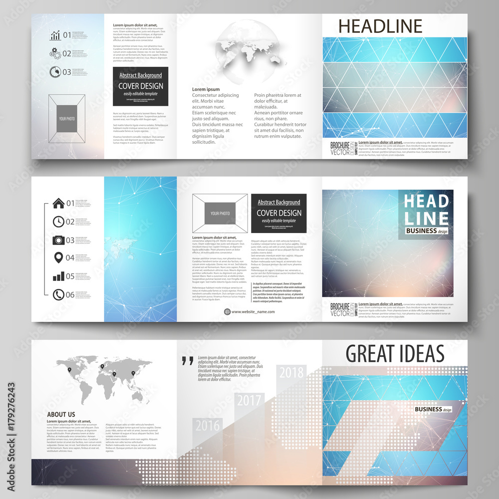 The minimalistic vector illustration of the editable layout. Three creative covers design templates for square brochure or flyer. Molecule structure. Science, technology concept. Polygonal design.