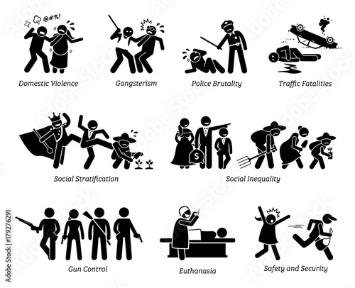 Social Problems and Critical Issues Stick Figure Pictogram Icons.