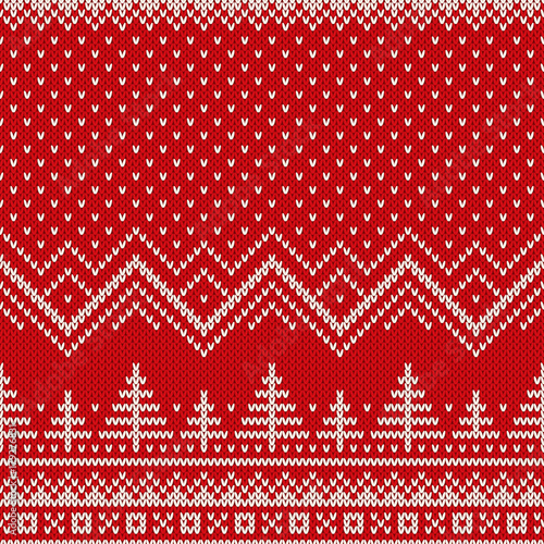 Winter Holiday Seamless Knitted Pattern with a Christmas Trees. Knitting Wool Sweater Design. Wool Knit Texture Imitation
