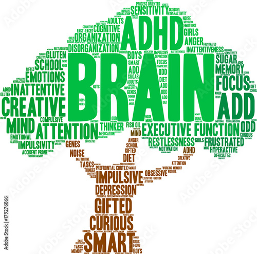 Brain ADHD Word Cloud on a white background. 