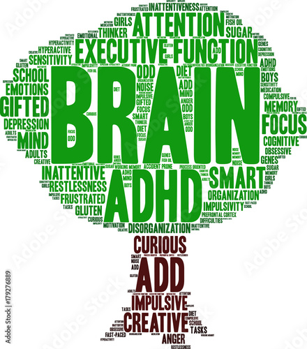 Brain ADHD Word Cloud on a white background. 